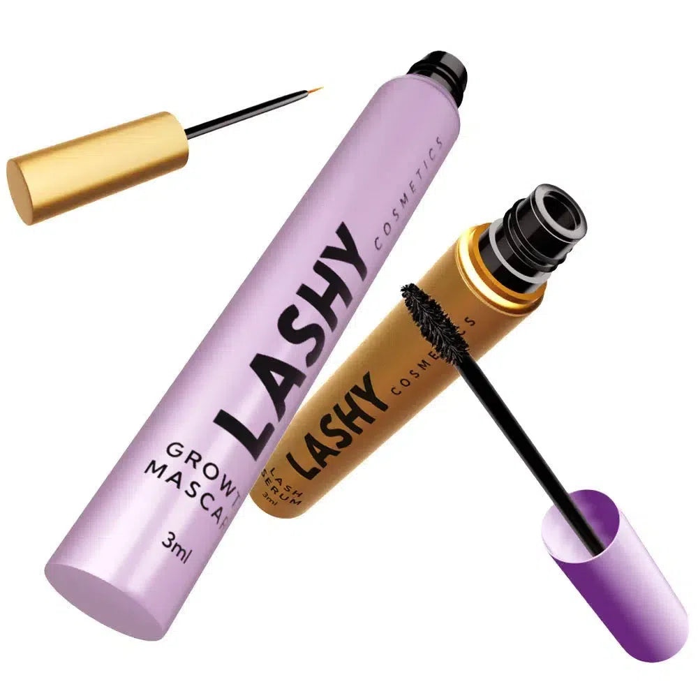Pink Mascara and Gold Serum opened bottles.
