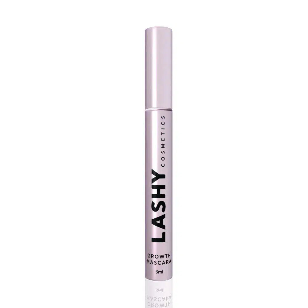 Single pink Lashy Cosmetics mascara bottle standing upright with its lid on.