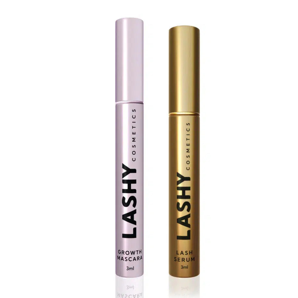 Two Lashy Cosmetics products: a pink Growth Mascara tube and a gold Lash Serum tube, both 3ml.