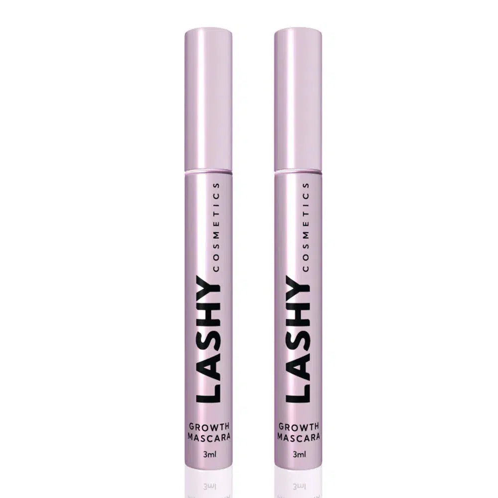 Two closed Lashy Mascara Growth Serum bottles in pink bottles, displayed side by side.