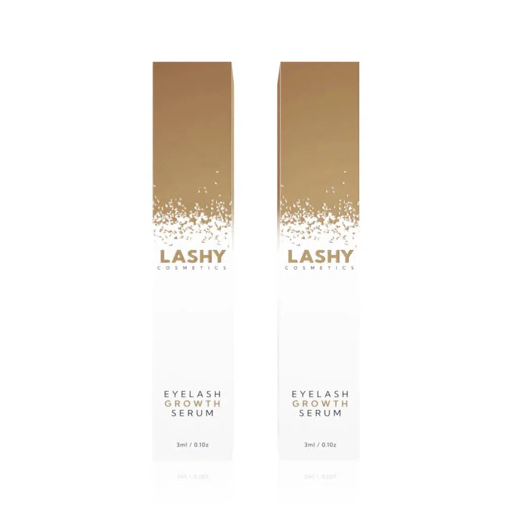 Two Lashy Eyelash Serum boxes side by side, featuring a gold and white gradient design.